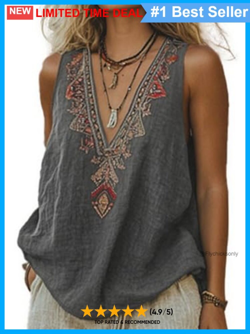 Mexican Embroidered Boho Tank Top Sleeveless V Neck Peasant Blouse